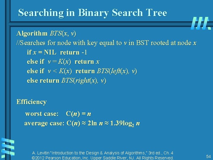 Searching in Binary Search Tree Algorithm BTS(x, v) //Searches for node with key equal Searching in Binary Search Tree Algorithm BTS(x, v) //Searches for node with key equal
