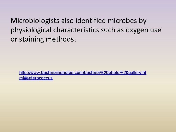 Microbiologists also identified microbes by physiological characteristics such as oxygen use or staining methods.