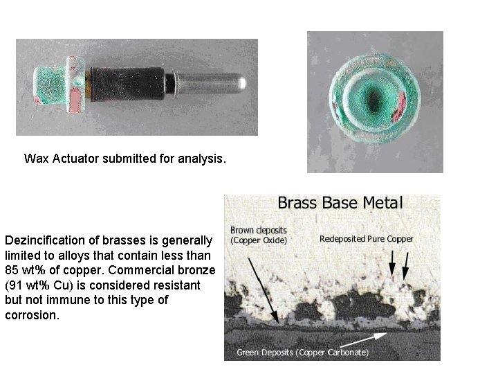 Wax Actuator submitted for analysis. Dezincification of brasses is generally limited to alloys that