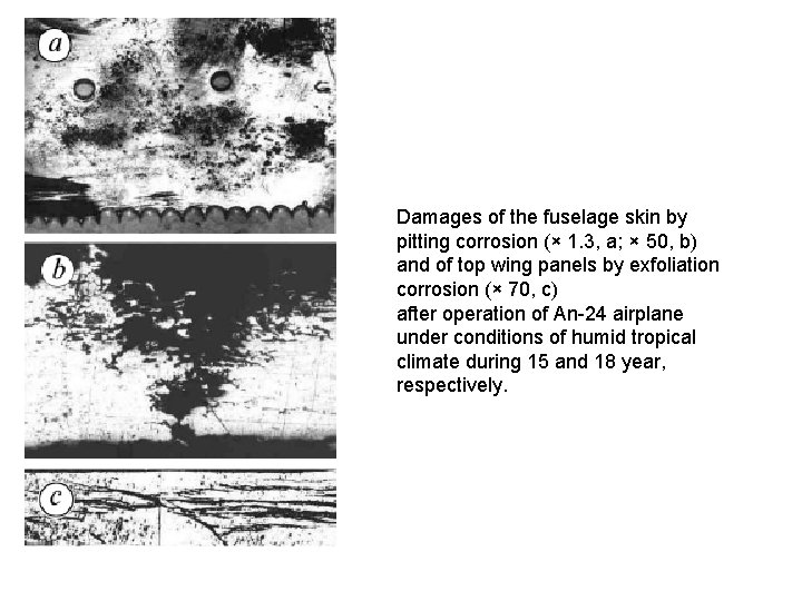 Damages of the fuselage skin by pitting corrosion (× 1. 3, a; × 50,