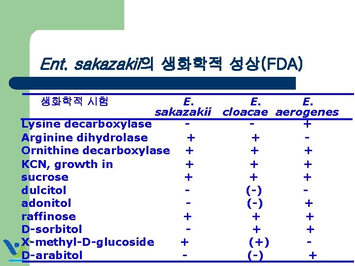 Ent. sakazakii의 생화학적 성상(FDA) E. sakazakii Lysine decarboxylase Arginine dihydrolase + Ornithine decarboxylase +