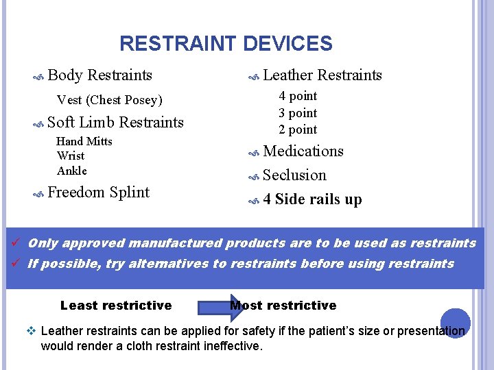 RESTRAINT DEVICES Body Restraints Leather Restraints Vest (Chest Posey) Soft Limb Restraints 4 point