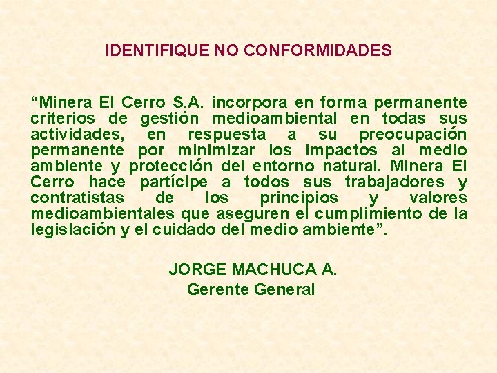 IDENTIFIQUE NO CONFORMIDADES “Minera El Cerro S. A. incorpora en forma permanente criterios de