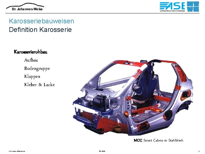 Karosseriebauweisen Definition Karosserierohbau Aufbau Bodengruppe Klappen Kleber & Lacke MCC Smart Cabrio in Stahlblech