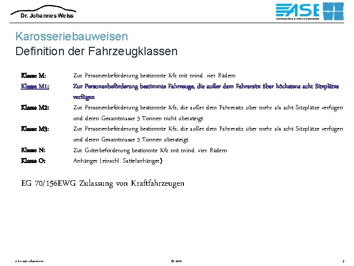 Karosseriebauweisen Definition der Fahrzeugklassen Klasse M: Klasse M 1: Klasse M 2: Klasse M