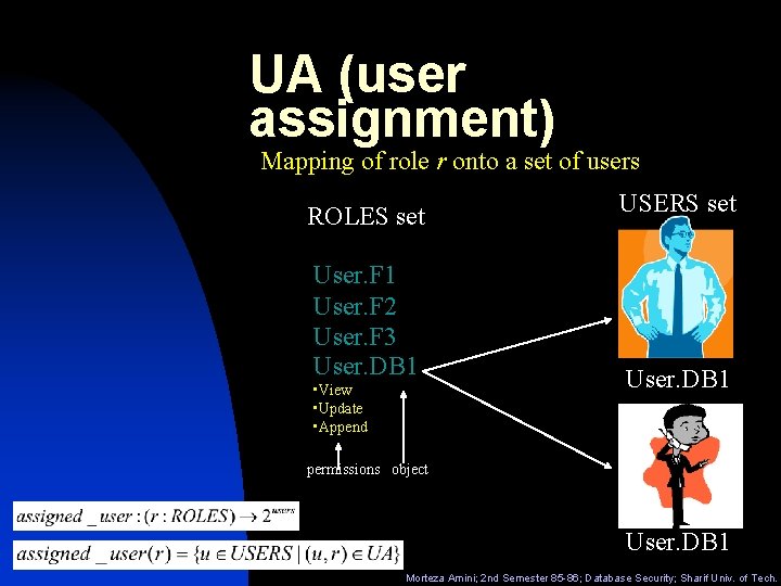 UA (user assignment) Mapping of role r onto a set of users ROLES set