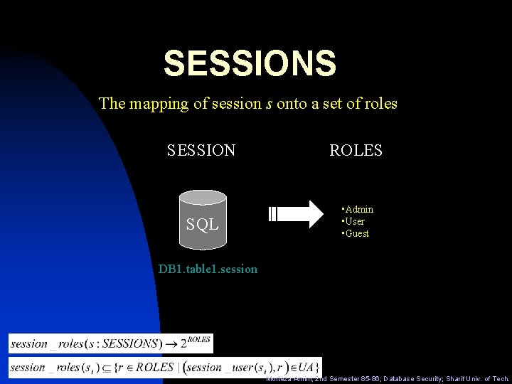 SESSIONS The mapping of session s onto a set of roles SESSION ROLES SQL