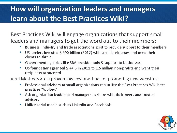 How will organization leaders and managers learn about the Best Practices Wiki? Best Practices