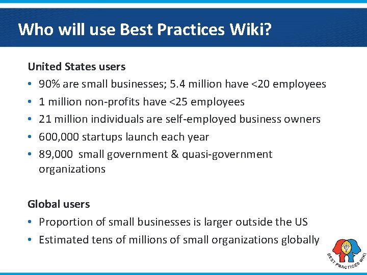 Who will use Best Practices Wiki? United States users • 90% are small businesses;