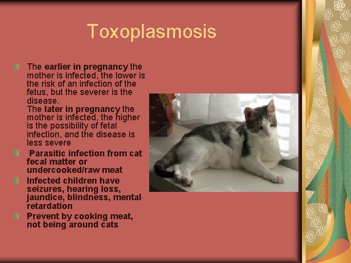 Toxoplasmosis The earlier in pregnancy the mother is infected, the lower is the risk