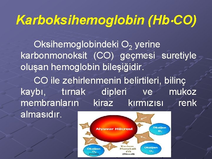 Karboksihemoglobin (Hb CO) Oksihemoglobindeki O 2 yerine karbonmonoksit (CO) geçmesi suretiyle oluşan hemoglobin bileşiğidir.