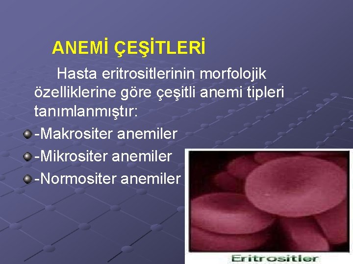 ANEMİ ÇEŞİTLERİ Hasta eritrositlerinin morfolojik özelliklerine göre çeşitli anemi tipleri tanımlanmıştır: -Makrositer anemiler -Mikrositer