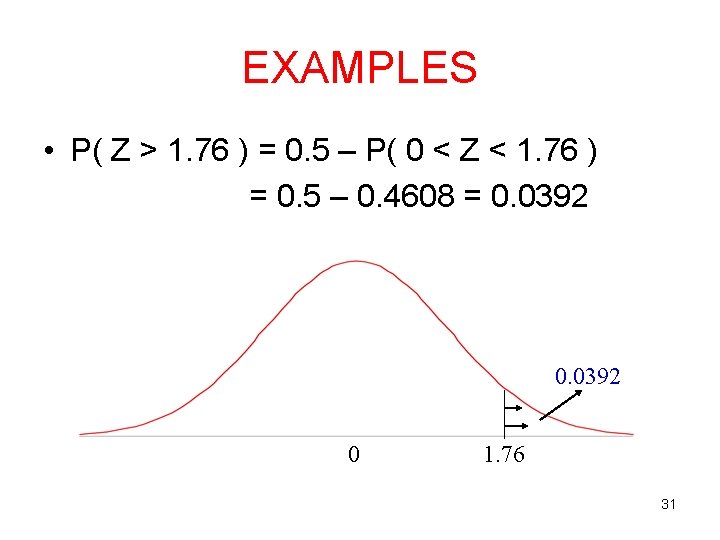 EXAMPLES • P( Z > 1. 76 ) = 0. 5 – P( 0