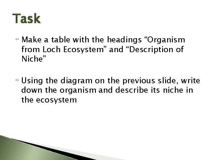 Task Make a table with the headings “Organism from Loch Ecosystem” and “Description of