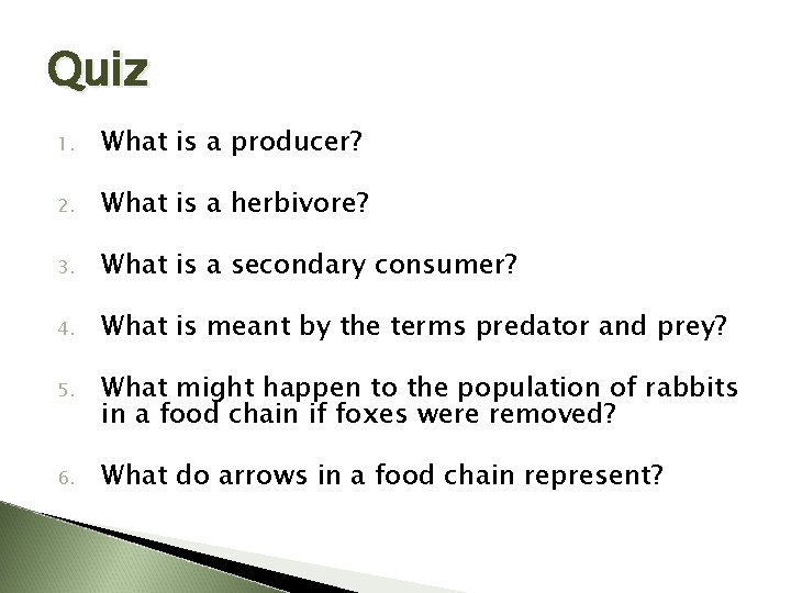 Quiz 1. What is a producer? 2. What is a herbivore? 3. What is