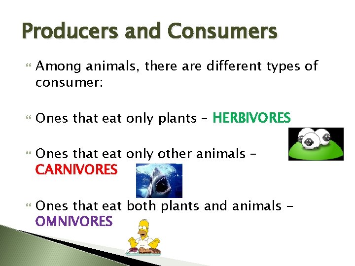 Producers and Consumers Among animals, there are different types of consumer: Ones that eat