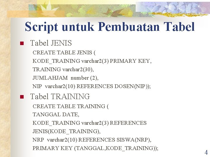 Script untuk Pembuatan Tabel JENIS CREATE TABLE JENIS ( KODE_TRAINING varchar 2(3) PRIMARY KEY,