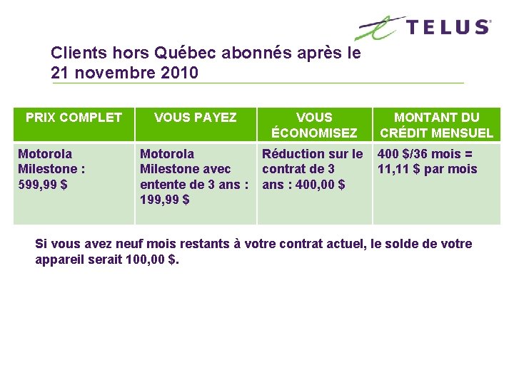 Clients hors Québec abonnés après le 21 novembre 2010 PRIX COMPLET Motorola Milestone :