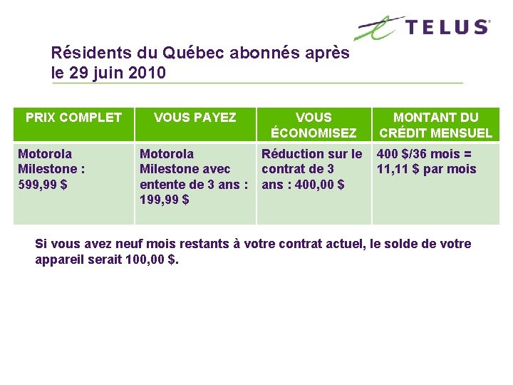 Résidents du Québec abonnés après le 29 juin 2010 PRIX COMPLET Motorola Milestone :