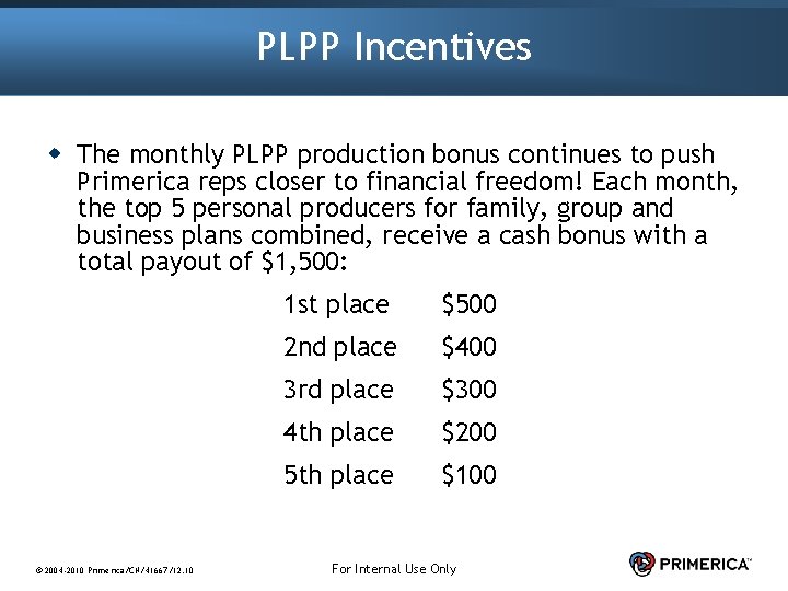 PLPP Incentives w The monthly PLPP production bonus continues to push Primerica reps closer PLPP Incentives w The monthly PLPP production bonus continues to push Primerica reps closer