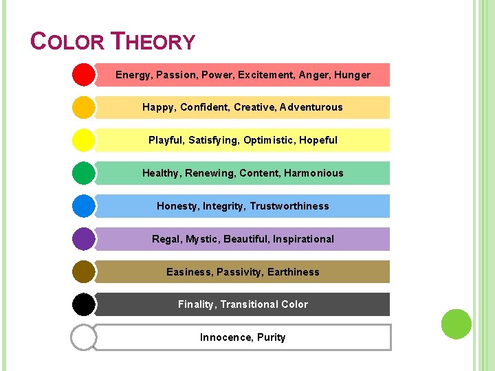 COLOR THEORY Energy, Passion, Power, Excitement, Anger, Hunger Happy, Confident, Creative, Adventurous Playful, Satisfying,