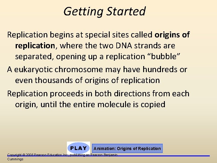 Getting Started Replication begins at special sites called origins of replication, where the two