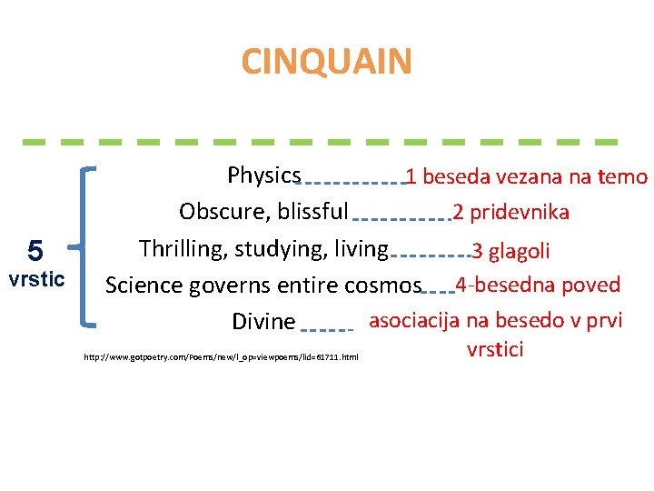 CINQUAIN 5 vrstic Physics 1 beseda vezana na temo 2 pridevnika Obscure, blissful Thrilling,