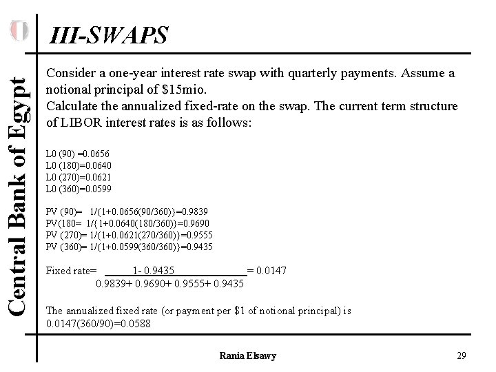 Central Bank of Egypt III-SWAPS Consider a one-year interest rate swap with quarterly payments.