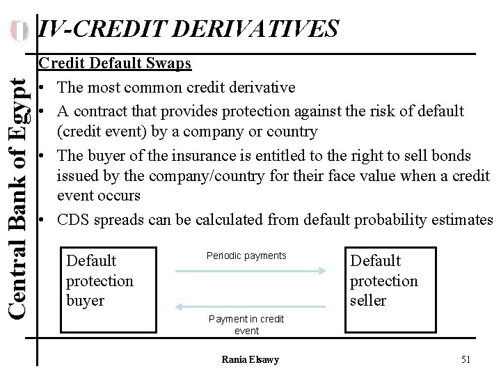 Central Bank of Egypt IV-CREDIT DERIVATIVES Credit Default Swaps • The most common credit