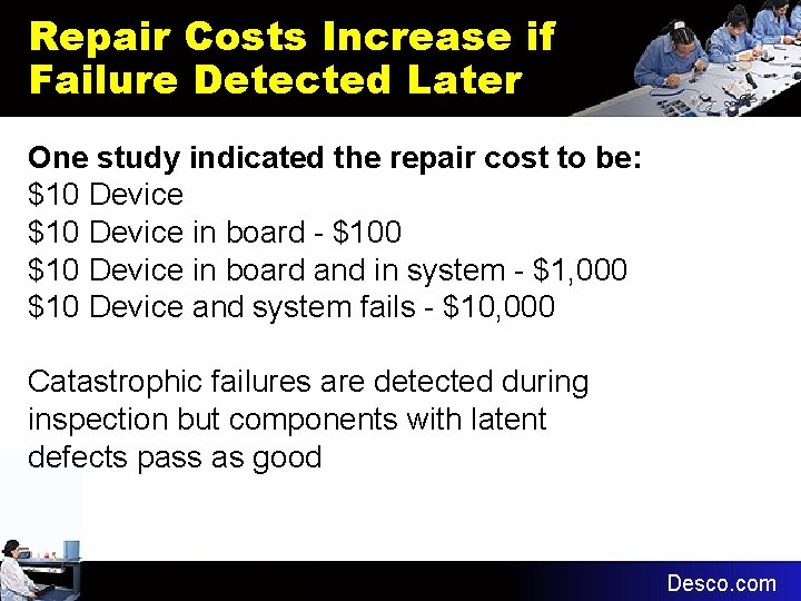 Repair Costs Increase if Failure Detected Later One study indicated the repair cost to