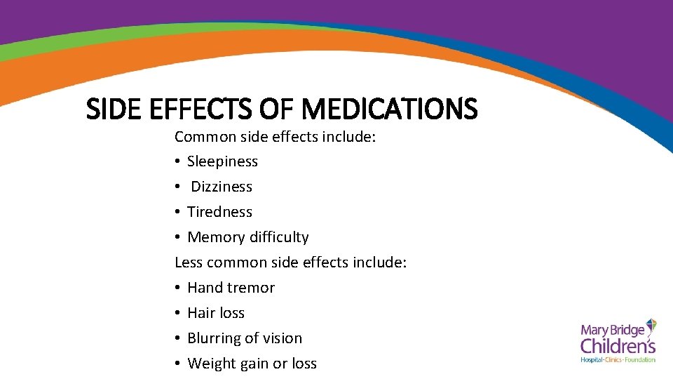 SIDE EFFECTS OF MEDICATIONS Common side effects include: • Sleepiness • Dizziness • Tiredness
