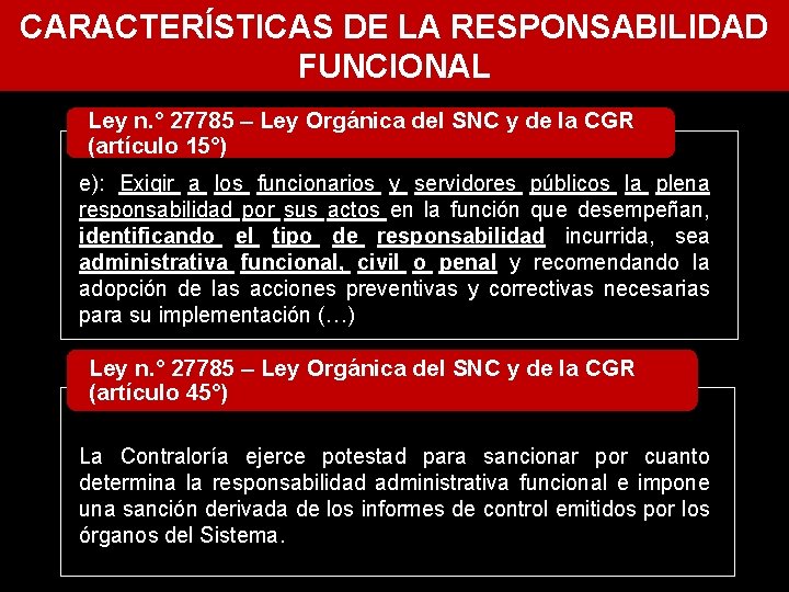 CARACTERÍSTICAS DE LA RESPONSABILIDAD FUNCIONAL Ley n. ° 27785 – Ley Orgánica del SNC