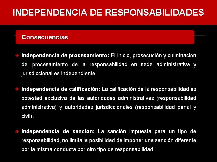 INDEPENDENCIA DE RESPONSABILIDADES Consecuencias Independencia de procesamiento: El inicio, prosecución y culminación del procesamiento