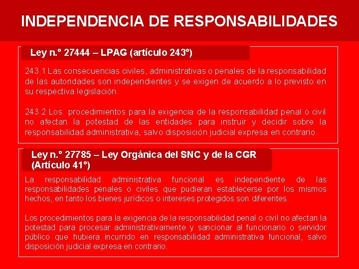 INDEPENDENCIA DE RESPONSABILIDADES Ley n. ° 27444 – LPAG (artículo 243°) 243. 1 Las