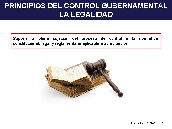 PRINCIPIOS DEL CONTROL GUBERNAMENTAL LA LEGALIDAD Supone la plena sujeción del proceso de control