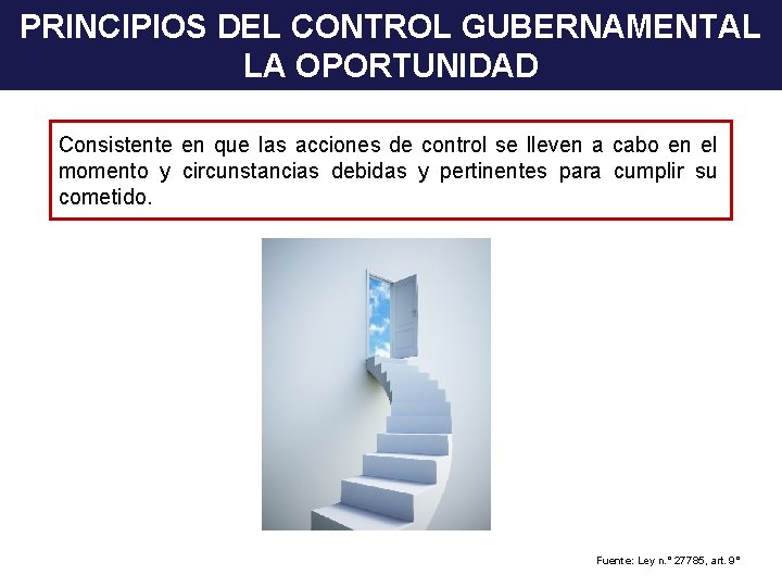 PRINCIPIOS DEL CONTROL GUBERNAMENTAL LA OPORTUNIDAD Consistente en que las acciones de control se