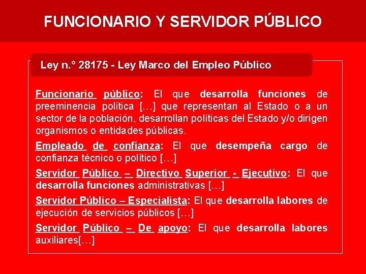FUNCIONARIO Y SERVIDOR PÚBLICO Ley n. ° 28175 - Ley Marco del Empleo Público