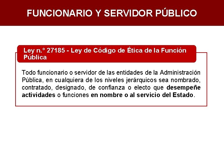 FUNCIONARIO Y SERVIDOR PÚBLICO Ley n. ° 27185 - Ley de Código de Ética