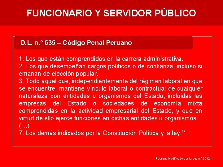 FUNCIONARIO Y SERVIDOR PÚBLICO D. L. n. ° 635 – Código Penal Peruano 1.