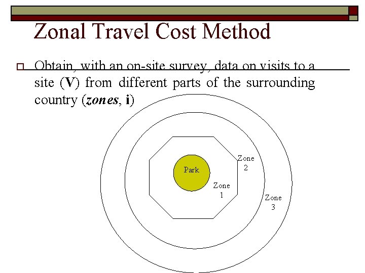 Zonal Travel Cost Method o Obtain, with an on-site survey, data on visits to