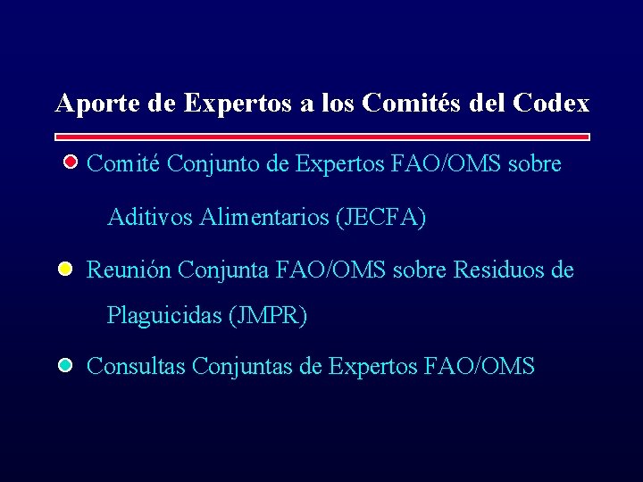 Aporte de Expertos a los Comités del Codex Comité Conjunto de Expertos FAO/OMS sobre