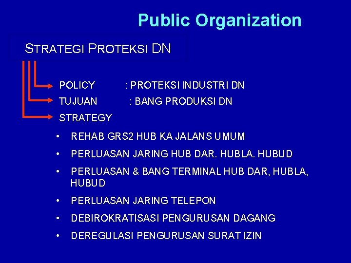 Public Organization STRATEGI PROTEKSI DN POLICY TUJUAN : PROTEKSI INDUSTRI DN : BANG PRODUKSI