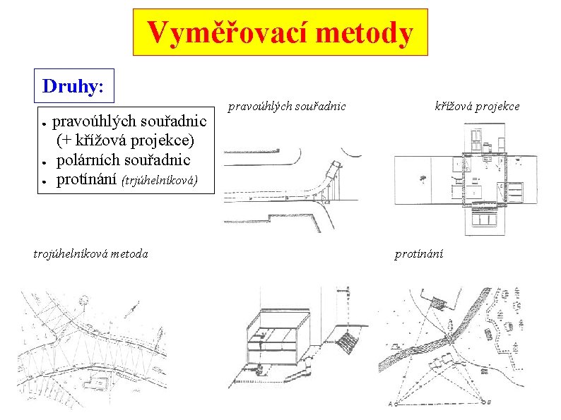 Vyměřovací metody Druhy: ● ● ● pravoúhlých souřadnic (+ křížová projekce) polárních souřadnic protínání