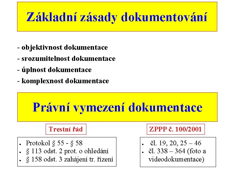 Základní zásady dokumentování - objektivnost dokumentace - srozumitelnost dokumentace - úplnost dokumentace - komplexnost