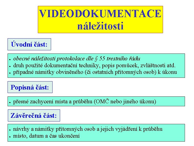 VIDEODOKUMENTACE náležitosti Úvodní část: ● ● ● obecné náležitosti protokolace dle § 55 trestního