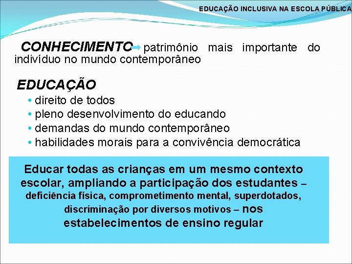 EDUCAÇÃO INCLUSIVA NA ESCOLA PÚBLICA CONHECIMENTO patrimônio mais importante do indivíduo no mundo contemporâneo