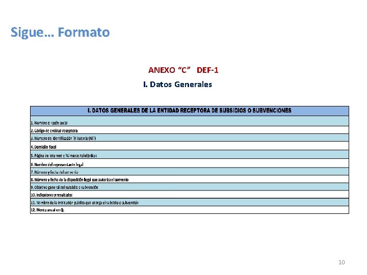 Sigue… Formato ANEXO “C” DEF-1 I. Datos Generales 10 