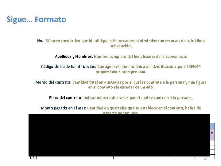 Sigue… Formato V. Personal contratado con recursos del subsidio o subvención No. Número correlativo