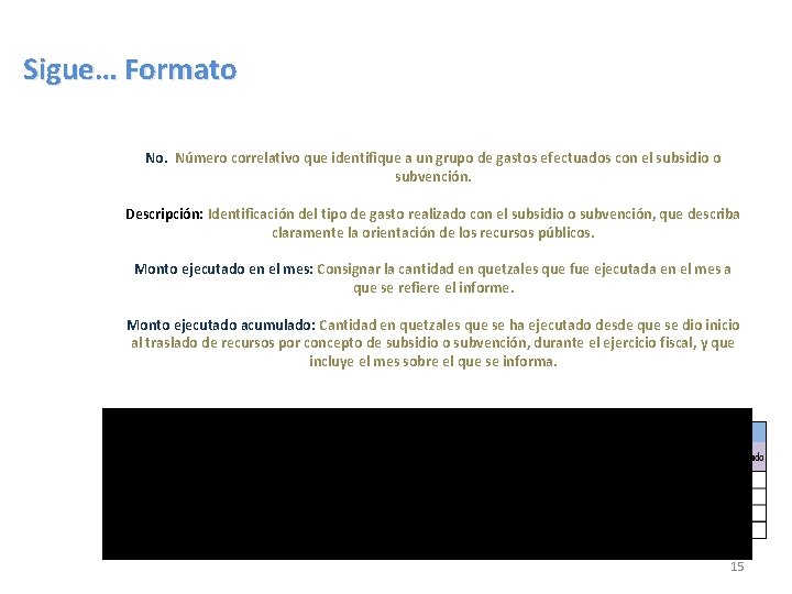 Sigue… Formato VI. Resumen de gastos efectuados con el subsidio o subvención No. Número