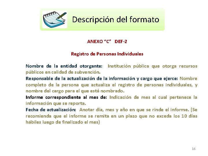 Descripción D del DESCRIPCIÓN ELformato FORMATO ANEXO “C” DEF-2 Registro de Personas Individuales Nombre